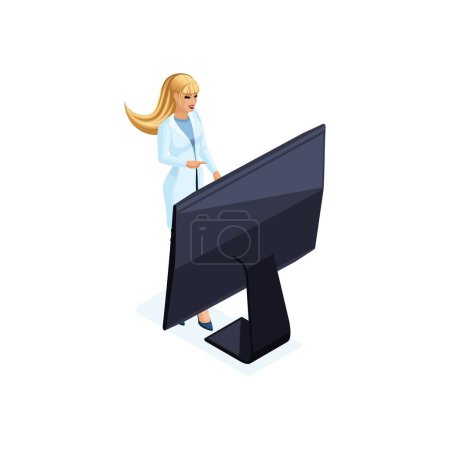 Ilustración de Isomtry de un trabajador clínico privado utiliza tecnología moderna, sistema 5, pantalla virtual, tableta grande, almacenamiento de datos moderno, para médicos, cirujanos, enfermeras
. - Imagen libre de derechos