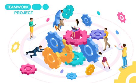 Illustration for Isometric Concept developing and creating a project of teamwork, business ideas, brainstorming. People on the move. Concepts for web banners and printed materials. - Royalty Free Image