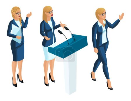 Illustration for Isometrics business woman, presenter, journalist, presidential candidate. Russian flag, elections, voting, forward movement. - Royalty Free Image