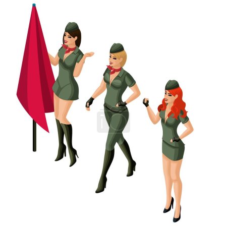 Illustration for Isometric girl, 3D sexy girl in military uniform, blonde, brunette, redhead. Excellent figure of bright make-up, characters on February 23. - Royalty Free Image