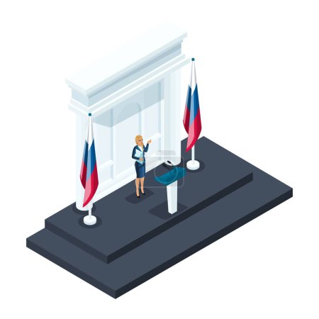 Illustration for Isometry is a woman candidate for presidency, the 3d candidate speaks at a briefing in the Kremlin. Speech, Russian flag, elections, voting. - Royalty Free Image