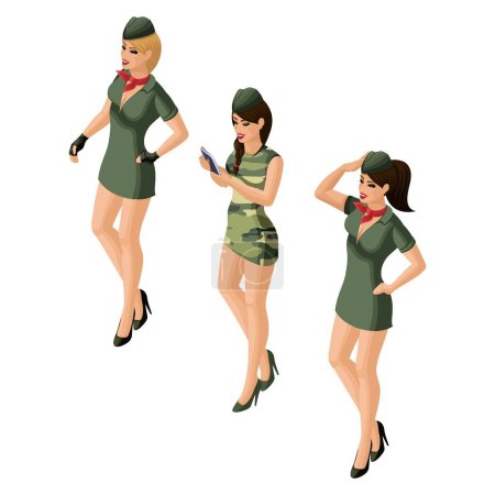 Illustration for Isometry of a girl, 3D sexy girls in military uniform, blonde, brunette, brown-haired. Excellent figure of bright make-up, characters on February 23. - Royalty Free Image