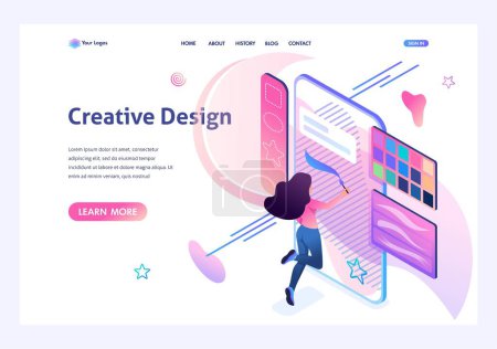 Photo for Young girl is engaged in creativity, draws on the smartphone screen using a software application. Creativity concept. 3d isometric. Landing page concepts and web design. - Royalty Free Image