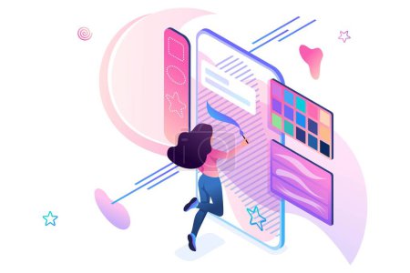 Photo for Young girl is engaged in creativity, draws on the smartphone screen using a software application. Creativity concept. 3d isometric. Concept for web design. - Royalty Free Image