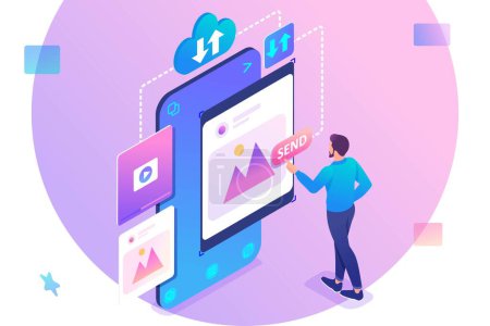 Photo for Young man is editing his photos on a smartphone. The concept of content for social networks. 3d isometric. Concept for web design. - Royalty Free Image