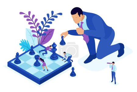Illustration for Isometric Bright concept big business makes an informed decision, chess game, growth strategy. Concept for web. - Royalty Free Image