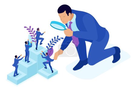 Illustration for Isometric Bright concept competitive struggle for career growth, businessman looks at candidates through a magnifying glass. Concept for web. - Royalty Free Image