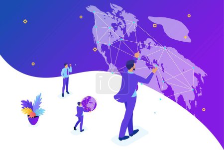 Illustration for Isometric Bright concept site concept Big businessman running the world, world map. Concept for web design. - Royalty Free Image