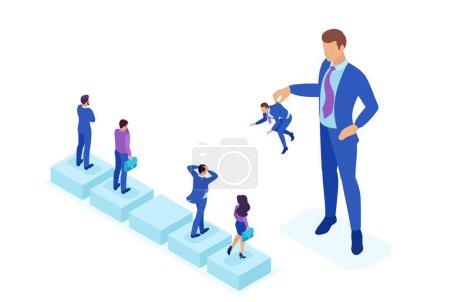 Illustration for Isometric Bright concept personnel change, the big boss keeps the employee the rest are afraid. Concept for web design. - Royalty Free Image