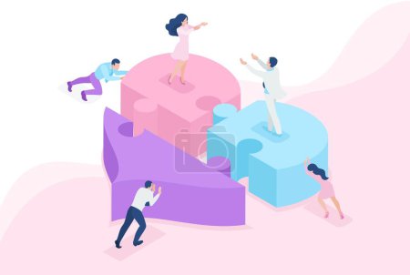 Illustration for Isometric Bright site concept acquaintance, love, meeting, people connect parts of a big heart. Concept for web design. - Royalty Free Image