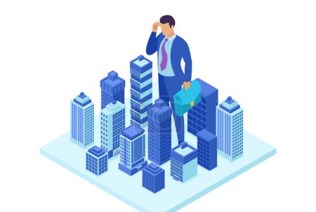 Illustration for Isometric Bright site concept Big businessman looks down at the city, the concept of power. Concept for web design. - Royalty Free Image