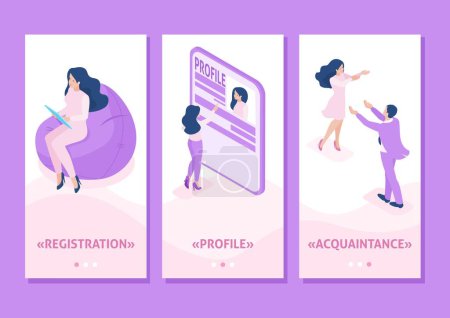 Illustration for Isometric Template app Isometric Template app acquaintance, love, meeting, people connect parts of a big heart, smartphone apps. - Royalty Free Image