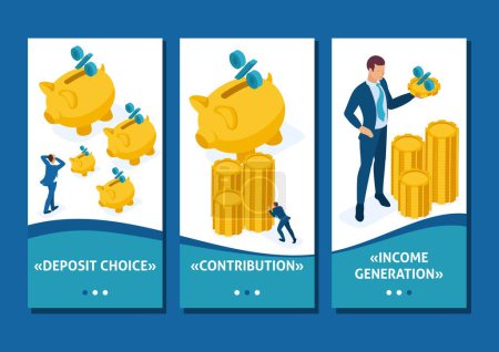 Illustration for Isometric Template app The concept of investing in a bank deposit, small people carry money, smartphone apps. - Royalty Free Image