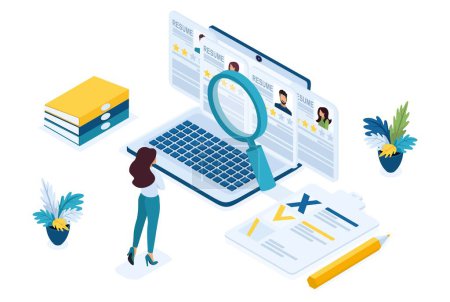 Illustration for Isometric HR Manager, business recruiting manager reviews the resume options on the site. Concept for web design. - Royalty Free Image