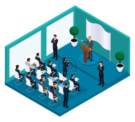 Illustration for Trendy Isometric people 3D businessmen, people elections, President's speech, Washington's Birthday, meeting with press, vote on performance trebune, gym, flag. - Royalty Free Image