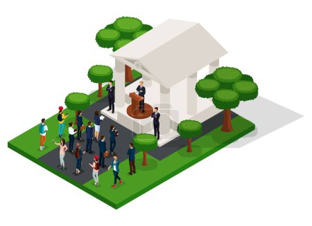 Illustration for Trendy People Isometric vector 3D businessmen, people of the presidential election, Washington's Birthday, elections, voting, speech at trebune, meeting in the park, municipal building. - Royalty Free Image