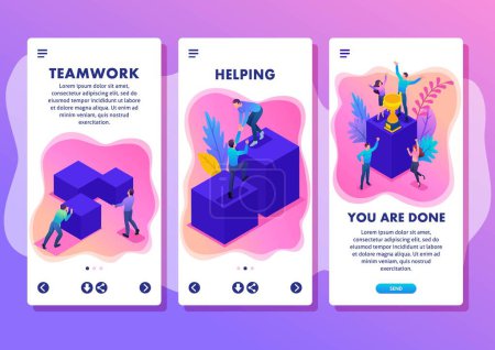 Illustration for Isometric Template app Bright concept successful young team, upward movement, smartphone apps. - Royalty Free Image