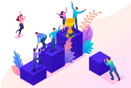 Illustration for Isometric Bright concept successful young team, upward movement. Concept for web design. - Royalty Free Image