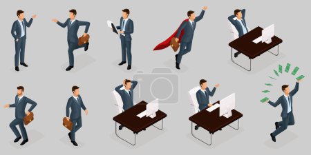 Illustration for Isometric people, 3d entrepreneurs, different concept scenes, emotions and gestures businessman, superman, management and production isolated gray background. - Royalty Free Image
