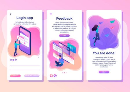 Illustration for Isometric Template app bright concept users write comments, recall and feedback about services, smartphone apps. - Royalty Free Image