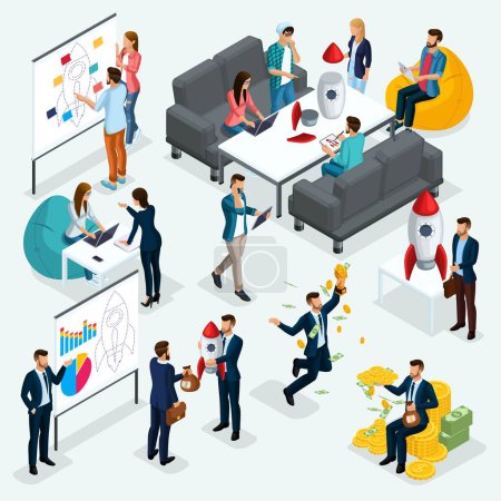 Illustration for Trendy isometric people, 3d businessman, concept with young people, development of start-up, team of specialists, students, business creation, brainstorming, business concepts isolated. - Royalty Free Image