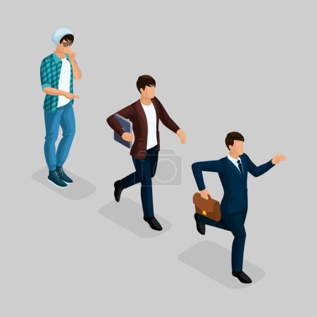 Illustration for Trendy isometric people, 3d businessman, development start-up, creative freelancer, team of professionals, business creation, career growth, business concept on a gray. - Royalty Free Image