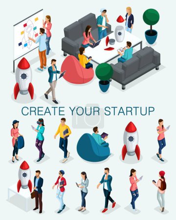 Illustration for Trendy isometric people, 3d businessman, concept with young people, young team of specialists, creating startup, brainstorming strategy development isolated. - Royalty Free Image
