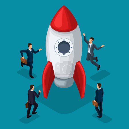 Illustration for Trendy isometric objects, 3d rocket, businessmen creation of start-up, joy of success, concept with young businessman, new business plan project business people isolated on blue background. - Royalty Free Image