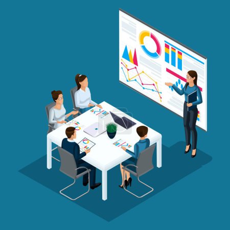 Illustration for Isometric people person, 3d businessmen, girl coaching, business training, board with graphs, concept of counseling group of people, office work, High tech technology. - Royalty Free Image