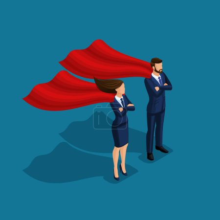 Illustration for Isometric people person, 3d Superman business, Business under protection, businessman and business woman with cloaks isolated on blue background. - Royalty Free Image