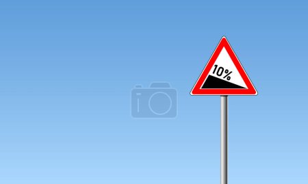 Illustration for Red triangle road sign indicating a steep 10 percent downhill gradient in the road ahead ilustration. - Royalty Free Image
