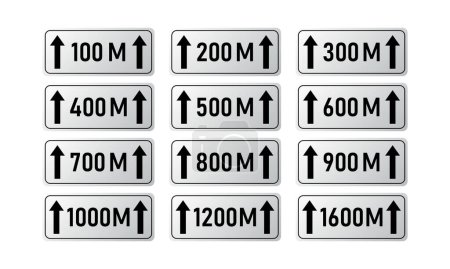 100 bis 1600 Meter Entfernung Schild, Symbol. Zahlenvorlagen auf weißem Hintergrund isoliert. Vektorillustration