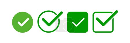Green tick icons collection. Flat round check mark green icon, button. Tick symbol isolated on white background. Vector illustration