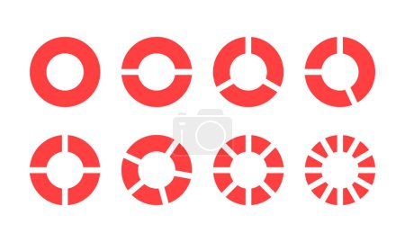 Círculo rebanado. Pastel de fracciones dividido por matemáticas. Pastel de círculo rojo con trozos. Segmento de rebanada. Ilustración vectorial
