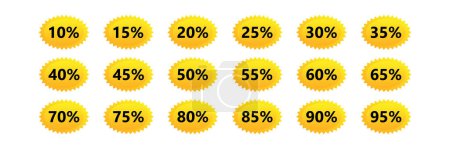 Insignias de descuento amarillo, etiquetas, pegatinas Insignias de descuento. 10% a 95% de descuento. Ilustración vectorial