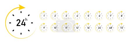 Lieferzeit Gelbe Symbole Uhrpfeil 1 bis 72 Stunden für das Design. Vektorillustration