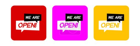 We're open on speech bubble on red, purple and yellow squares background. Vector illustration