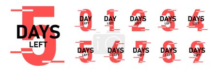 Quedan días, días para pasar de 0 a 9. Promocional cuenta regresiva de la bandera roja izquierda días. Ilustración vectorial