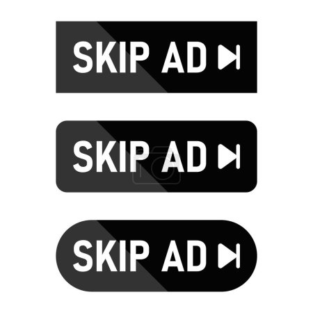 Black Skip advertisement button, web icons collection isolated on the white background. Vector illustration
