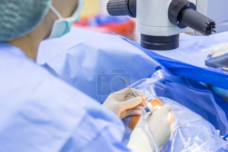Photo for Doctor doing surgery inside modern operating theater in surgical hospital.Microscope was use in eye surgery.Surgeon in blue sterile suit working with microscope with light effect.Medical concept. - Royalty Free Image
