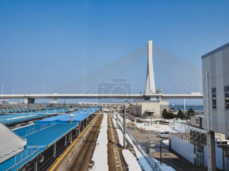 Photo for Aomori, Japan - March 8, 2023: Aomori Bay bridge on blue sky background - Royalty Free Image