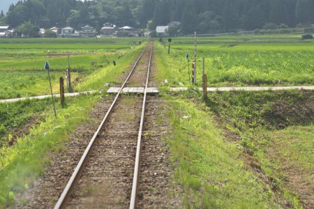 Téléchargez les photos : Akita, Japon - 28 juillet 2023 : Chemin de fer à voie unique en zone rurale à Akita, Japon - en image libre de droit