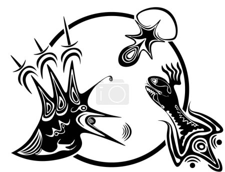 Ilustración de Esta ilustración vectorial abstracta en blanco y negro muestra tres figuras conectadas dentro de un círculo: un pájaro con rasgos afilados y pie humano, una figura aireada que recuerda a un diente de león o un - Imagen libre de derechos