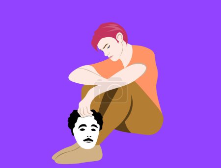Illustration for This evocative piece portrays a thoughtful young man seated on the floor, his gaze directed downward. Clad in a roseate t-shirt, with distinctive reddish hair, he clings to a monochrome mask - Royalty Free Image