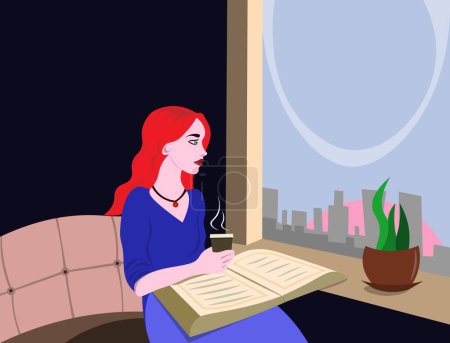 Illustration for A captivating portrait of a beautiful redhead, her fiery tresses echoing the hue of her necklace. Seated by a window, she holds a book and a cup of coffee, lost in the early morning reverie. The - Royalty Free Image