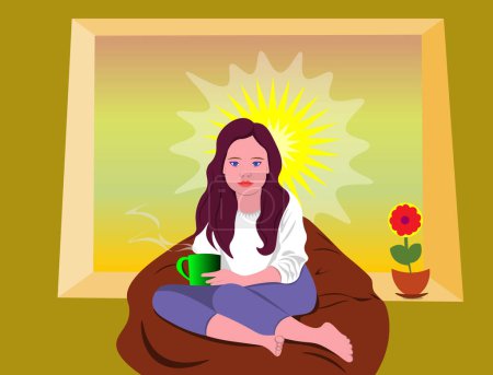 Illustration for An evocative portrayal of a barefooted young woman, perched on a pouffe, her attentive eyes meeting the viewers. Cradling a cup of tea, she is framed by a window that paints a vibrant tableau of the - Royalty Free Image
