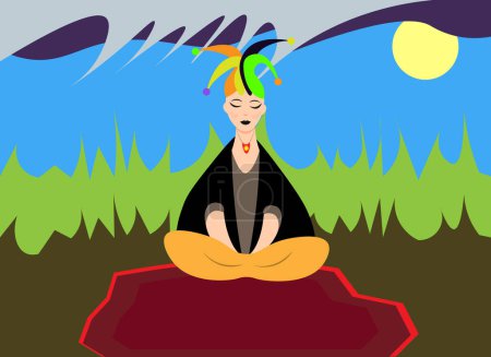 Illustration for A meditation outdoor with nature and sun and it is rain. Vector illustration. - Royalty Free Image