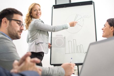Photo for Mature businesswoman using a chart during a presentation in board room - Royalty Free Image