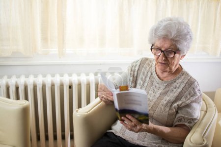 Foto de Mujer mayor leyendo libro mientras está sentada en el sillón en casa - Imagen libre de derechos