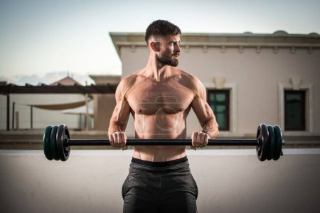 Photo for Shirtless muscular bearded man doing exercises with barbell outdoors - Royalty Free Image